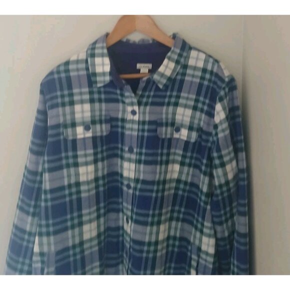 LL Bean Fleece-Lined Flannel Shirt Size Large Blue Shacket Snap-Front Plaid - Picture 2 of 11